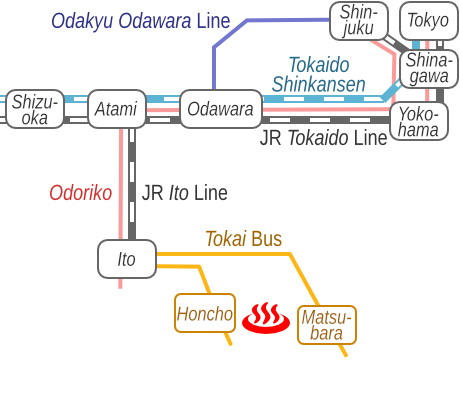 Train and bus route map of Ito Onsen Matsubara Daikokutenjinnoyu, Shizuoka Prefecture