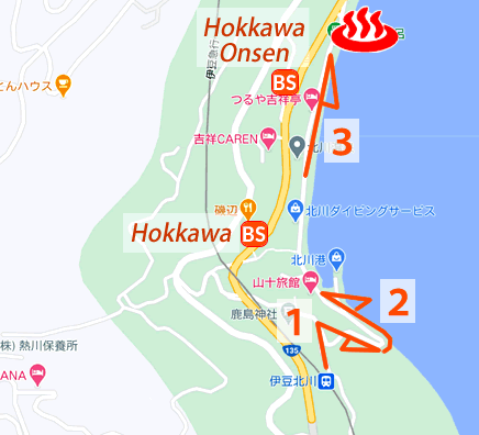 Map and bus stop of Hokkawa Onsen Kuroneiwaburo in Shizuoka Prefecture